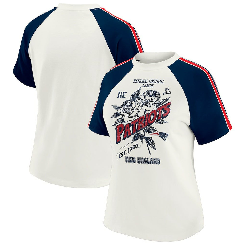 New England Patriots WEAR by Erin Andrews Women's Sleeve Stripe Distressed Raglan T-Shirt - White T-shirts