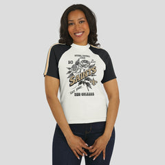 New Orleans Saints WEAR by Erin Andrews Women's Sleeve Stripe Distressed Raglan T-Shirt - White T-shirts