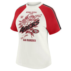 San Francisco 49ers WEAR by Erin Andrews Women's Sleeve Stripe Distressed Raglan T-Shirt - White T-shirts