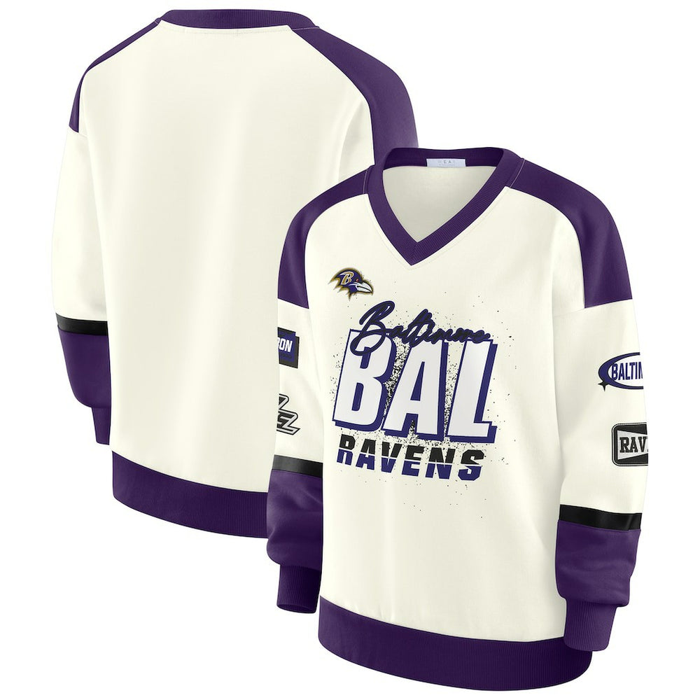 Baltimore Ravens WEAR by Erin Andrews Women's Racing Crew V-Neck Sweatshirt - Cream Sweatshirts