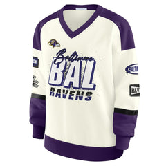 Baltimore Ravens WEAR by Erin Andrews Women's Racing Crew V-Neck Sweatshirt - Cream Sweatshirts