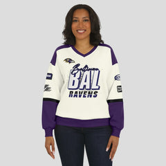 Baltimore Ravens WEAR by Erin Andrews Women's Racing Crew V-Neck Sweatshirt - Cream Sweatshirts