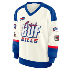 Buffalo Bills WEAR by Erin Andrews Women's Racing Crew V-Neck Sweatshirt - Cream Sweatshirts