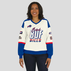 Buffalo Bills WEAR by Erin Andrews Women's Racing Crew V-Neck Sweatshirt - Cream Sweatshirts