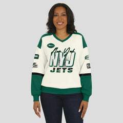 New York Jets WEAR by Erin Andrews Women's Racing Crew V-Neck Sweatshirt - Cream Sweatshirts