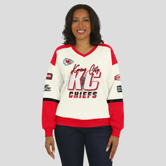 Kansas City Chiefs WEAR by Erin Andrews Women's Racing Crew V-Neck Sweatshirt - Cream Sweatshirts