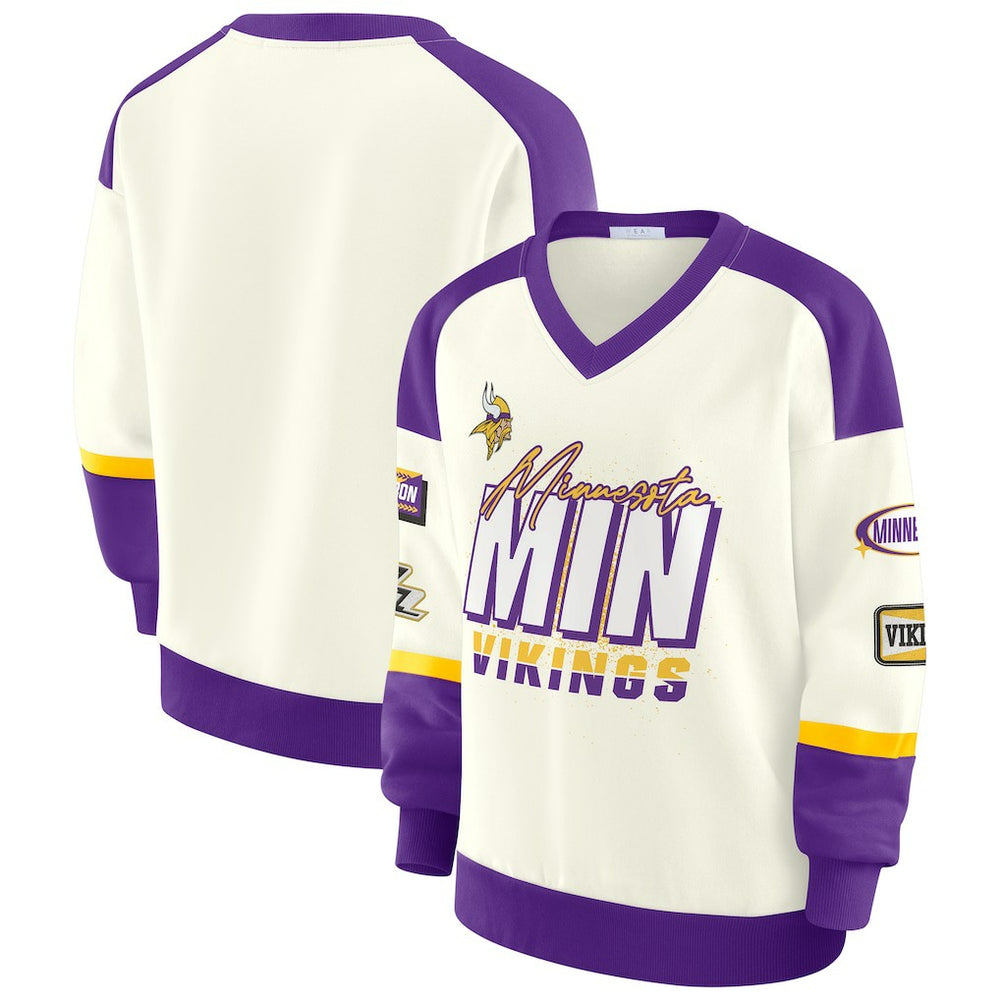 Minnesota Vikings WEAR by Erin Andrews Women's Racing Crew V-Neck Sweatshirt - Cream Sweatshirts