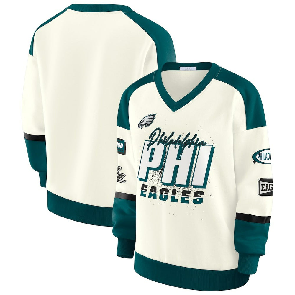 Philadelphia Eagles WEAR by Erin Andrews Women's Racing Crew V-Neck Sweatshirt - Cream Sweatshirts