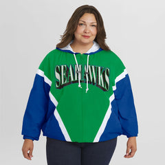 Seattle Seahawks WEAR by Erin Andrews Women's Plus Size Retro Crinkle Full-Zip Hoodie Windbreaker Jacket - Kelly Green/Royal Hoodies