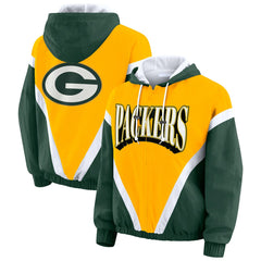Green Bay Packers WEAR by Erin Andrews Women's Plus Size Retro Crinkle Full-Zip Hoodie Windbreaker Jacket - Gold/Green Hoodies