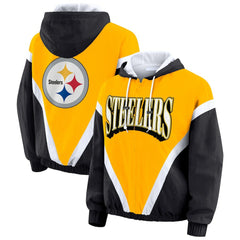 Pittsburgh Steelers WEAR by Erin Andrews Women's Plus Size Retro Crinkle Full-Zip Hoodie Windbreaker Jacket - Gold/Black Hoodies