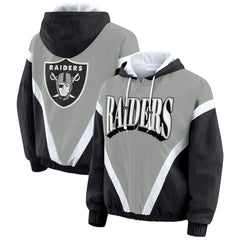 Las Vegas Raiders WEAR by Erin Andrews Women's Plus Size Retro Crinkle Full-Zip Hoodie Windbreaker Jacket - Black/Gray Hoodies