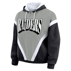 Las Vegas Raiders WEAR by Erin Andrews Women's Plus Size Retro Crinkle Full-Zip Hoodie Windbreaker Jacket - Black/Gray Hoodies