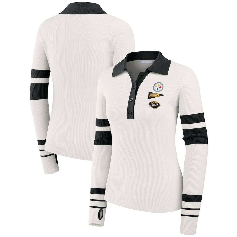 Pittsburgh Steelers WEAR by Erin Andrews Women's Ribbed Henley Polo Sweater - White