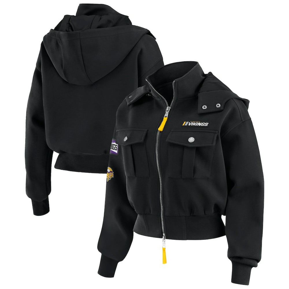 Minnesota Vikings WEAR by Erin Andrews Women's Tri-Blend Patch Pocket Cropped Full-Zip Bomber Hoodie Jacket - Black Hoodies