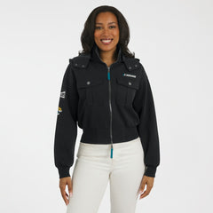 Jacksonville Jaguars WEAR by Erin Andrews Women's Tri-Blend Patch Pocket Cropped Full-Zip Bomber Hoodie Jacket - Black Hoodies