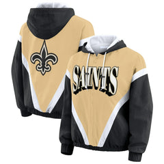 New Orleans Saints WEAR by Erin Andrews Women's Retro Crinkle Full-Zip Hoodie Windbreaker - Gold/Black Hoodies