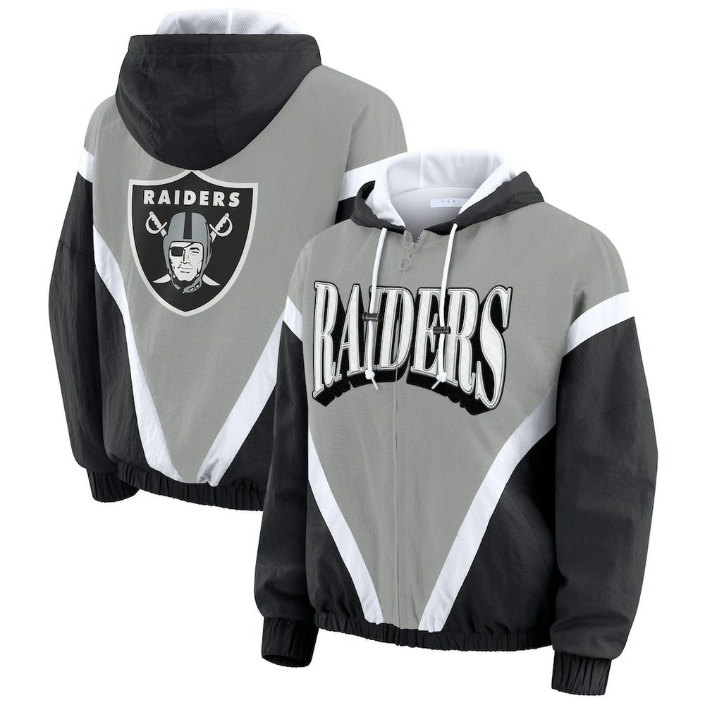 Las Vegas Raiders WEAR by Erin Andrews Women's Retro Crinkle Full-Zip Hoodie Windbreaker - Black/Silver Hoodies