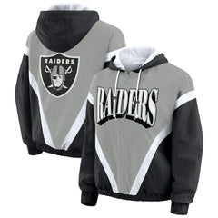 Las Vegas Raiders WEAR by Erin Andrews Women's Retro Crinkle Full-Zip Hoodie Windbreaker - Black/Silver Hoodies