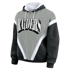 Las Vegas Raiders WEAR by Erin Andrews Women's Retro Crinkle Full-Zip Hoodie Windbreaker - Black/Silver Hoodies