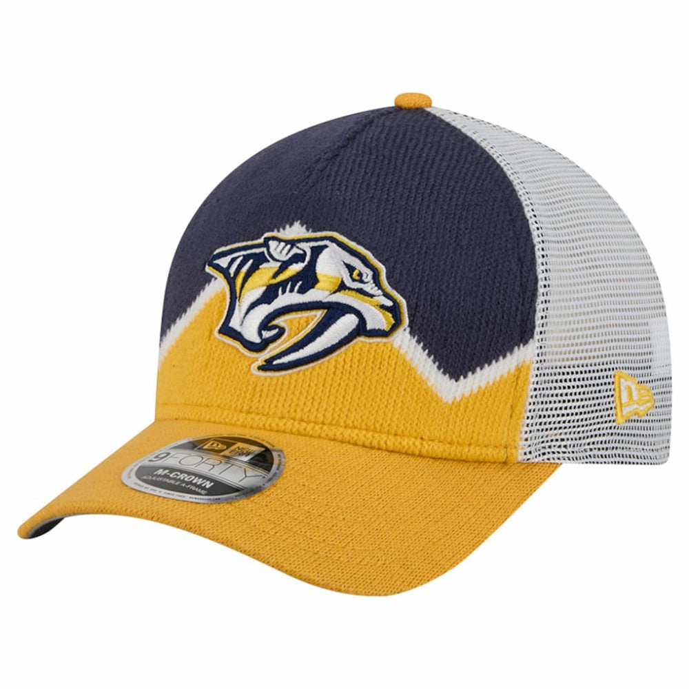 Nashville Predators New Era Hockey Sock 9FORTY A-Frame M-Crown Adjustable Trucker Hat - Gold/Navy | US 202715536
