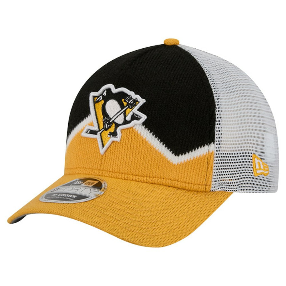 Pittsburgh Penguins New Era Hockey Sock 9FORTY A-Frame M-Crown Adjustable Trucker Hat - Gold/Black | US 202715542