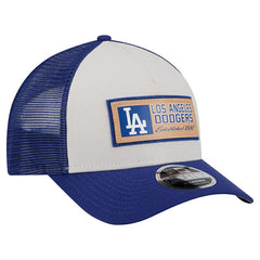Los Angeles Dodgers New Era Text A-Frame Trucker 9FORTY Hat - Stone/Royal Hats