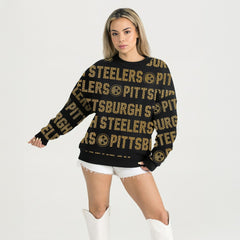 Pittsburgh Steelers Gameday Couture Women's Oversized Hype Era Rhinestone Text Sweatshirt - Black Sweatshirts