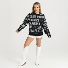 Carolina Panthers Gameday Couture Women's Oversized Hype Era Rhinestone Text Sweatshirt - Black Sweatshirts