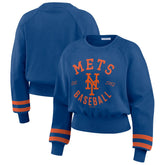New York Mets WEAR by Erin Andrews Women's Vintage Washed Cropped Pullover Sweatshirt - Royal Pullover