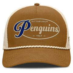 Pittsburgh Penguins Fanatics Heritage Fetch A-Frame Trucker Adjustable Hat - Brown/Cream | US 202777712