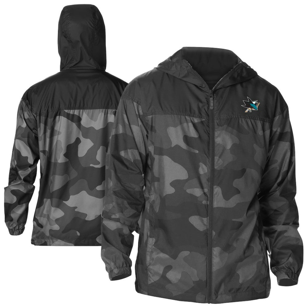 San Jose Sharks Columbia Camo Flash Challenger Omni-Shade Full-Zip Hoodie Windbreaker - Black | US 202780802