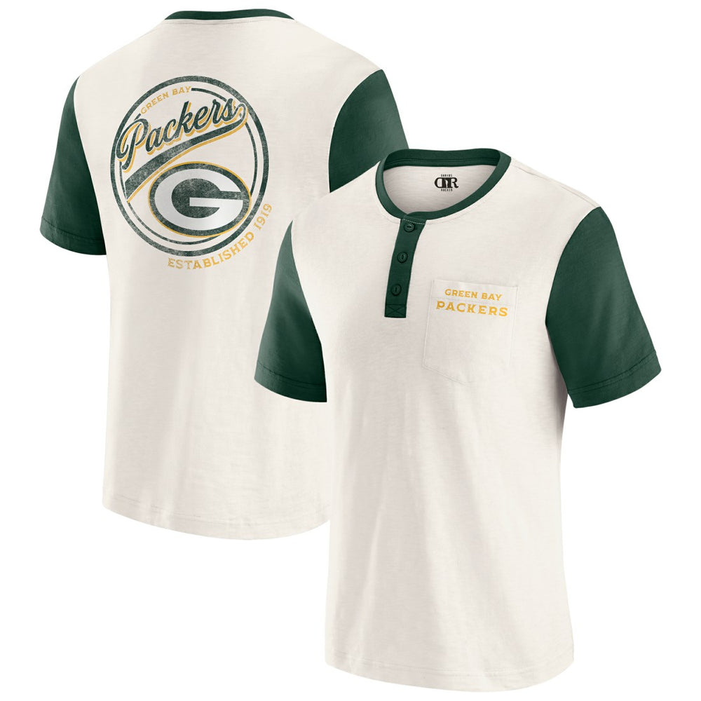 Green Bay Packers Darius Rucker Collection Henley Colorblock Slub Pocket T-Shirt - Cream T-shirts