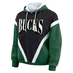 Milwaukee Bucks WEAR by Erin Andrews Women's Colorblock Full-Zip Hoodie Windbreaker Jacket Black/Hunter Green