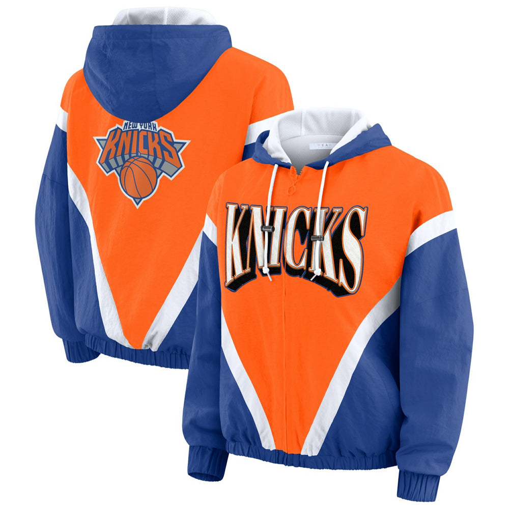 New York Knicks WEAR by Erin Andrews Women's Colorblock Full-Zip Hoodie Windbreaker Jacket Orange/Royal outlet