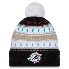 Miami Dolphins New Era Women's 2025 NFL Crucial Catch Cuffed Knit Hat with Pom - Black Hats