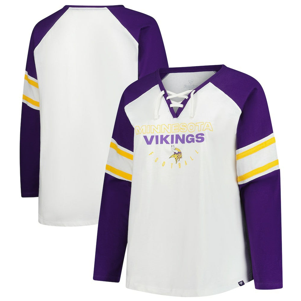 Minnesota Vikings Women's Plus Size Redzone Lace Up Long Sleeve T-Shirt - White T-shirts