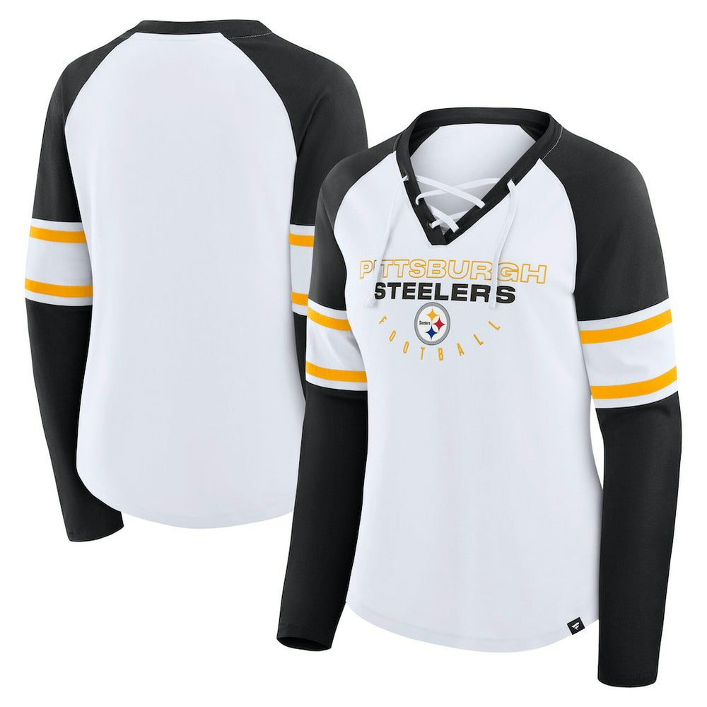 Pittsburgh Steelers Women's Plus Size Redzone Lace Up Long Sleeve T-Shirt - White T-shirts