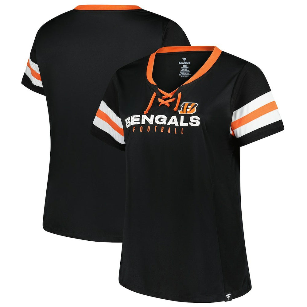 Cincinnati Bengals Women's Plus Size Red Zone Athena Lace-Up V-Notch Neck T-Shirt - Black T-shirts