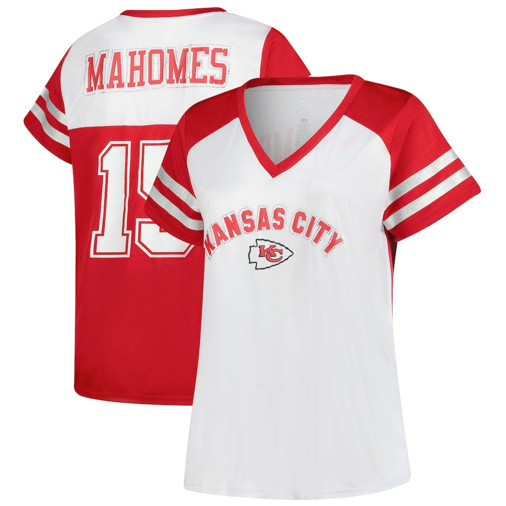 Patrick Mahomes Kansas City Chiefs Women's Plus Size Bling V-Neck T-Shirt - White T-shirts