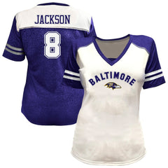 Lamar Jackson Baltimore Ravens Women's Plus Size Bling V-Neck T-Shirt - White T-shirts