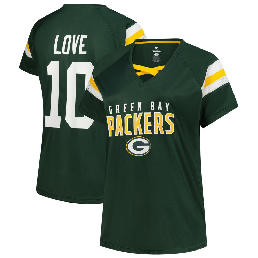 Jordan Love Green Bay Packers Women's Plus Size Name & Number Raglan Lace V-Neck T-Shirt - Green T-shirts