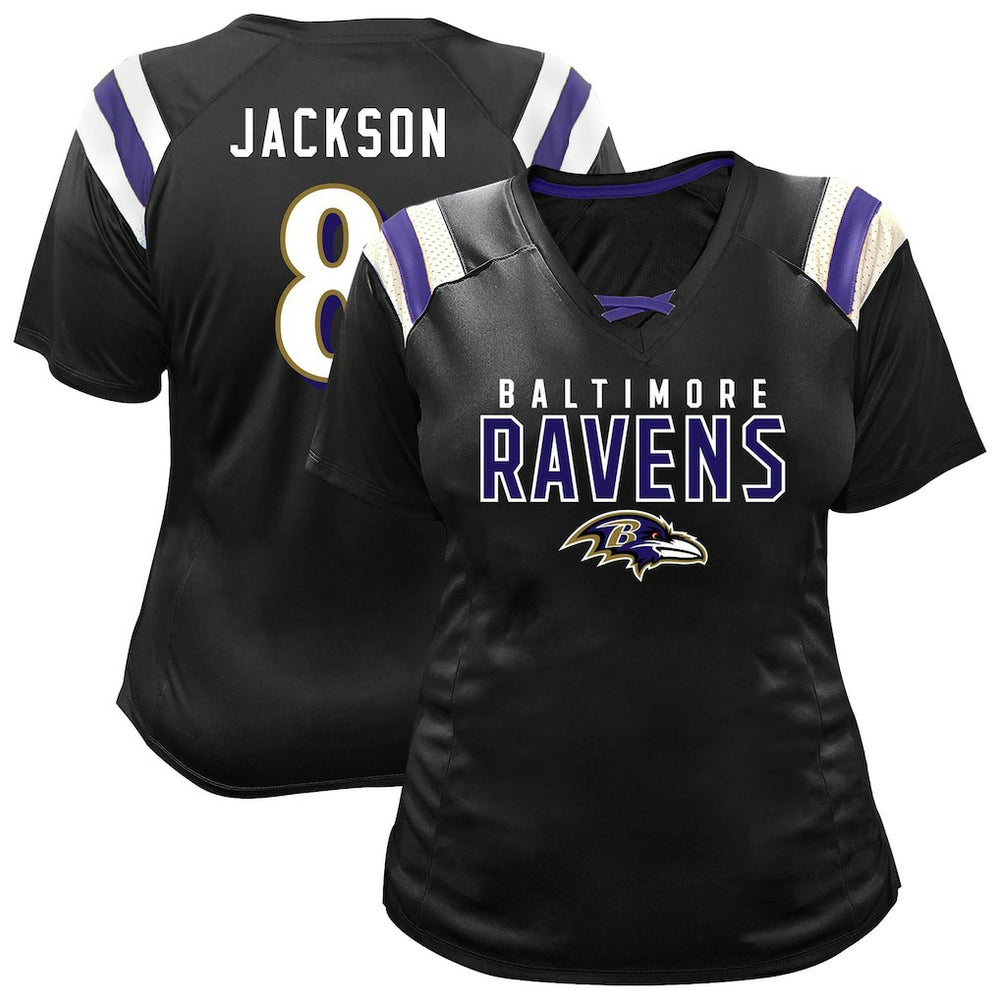 Lamar Jackson Baltimore Ravens Women's Plus Size Name & Number Raglan Lace V-Neck T-Shirt - Black T-shirts