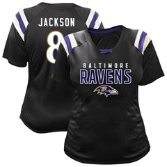 Lamar Jackson Baltimore Ravens Women's Plus Size Name & Number Raglan Lace V-Neck T-Shirt - Black T-shirts
