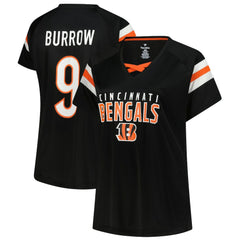 Joe Burrow Cincinnati Bengals Women's Plus Size Name & Number Raglan Lace V-Neck T-Shirt - Black T-shirts