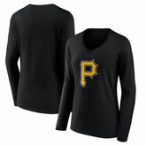 Pittsburgh Pirates Women's Logo Long Sleeve V-Neck T-Shirt - Black T-shirts