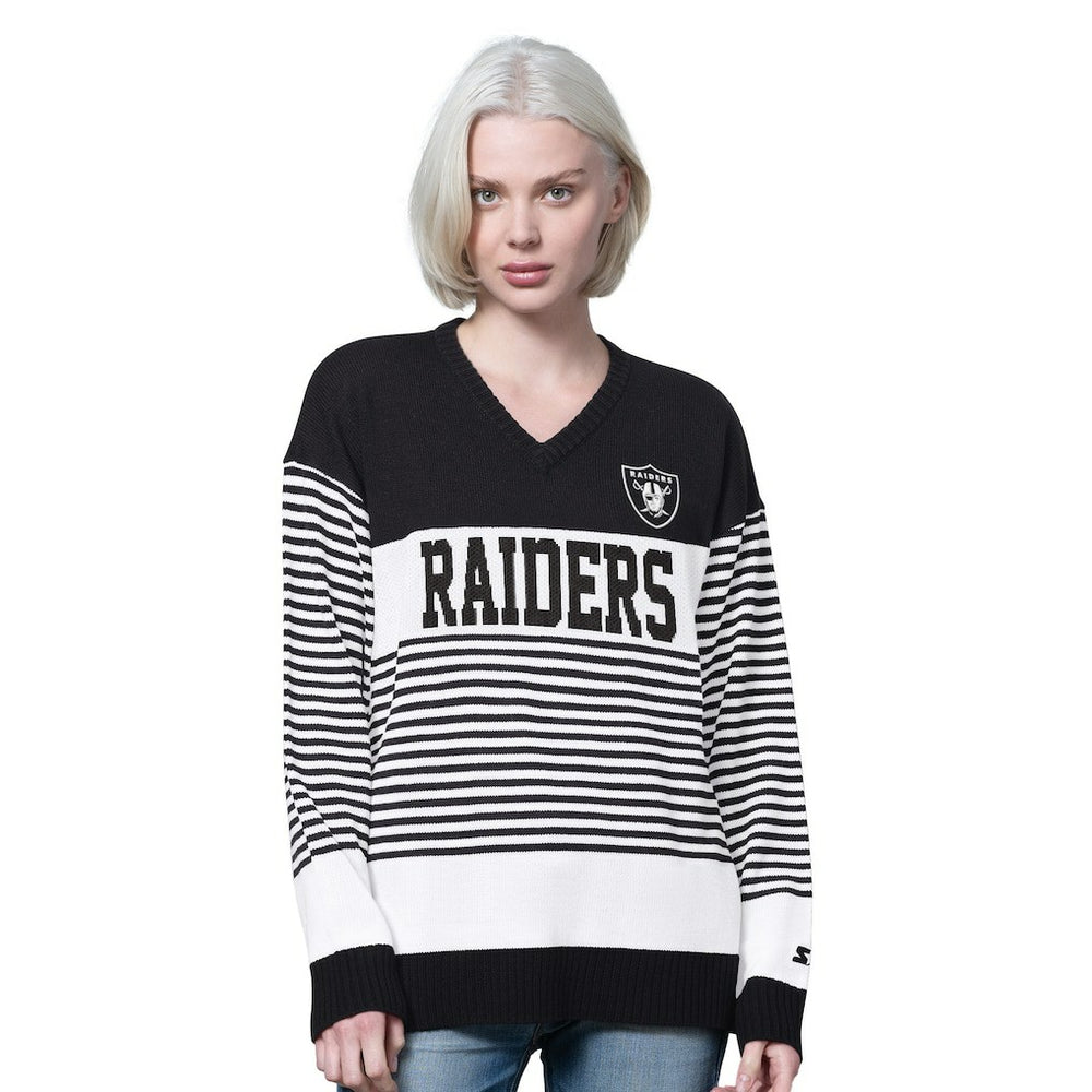 Las Vegas Raiders Starter Women's No Huddle Striped V-Neck Sweater - Black