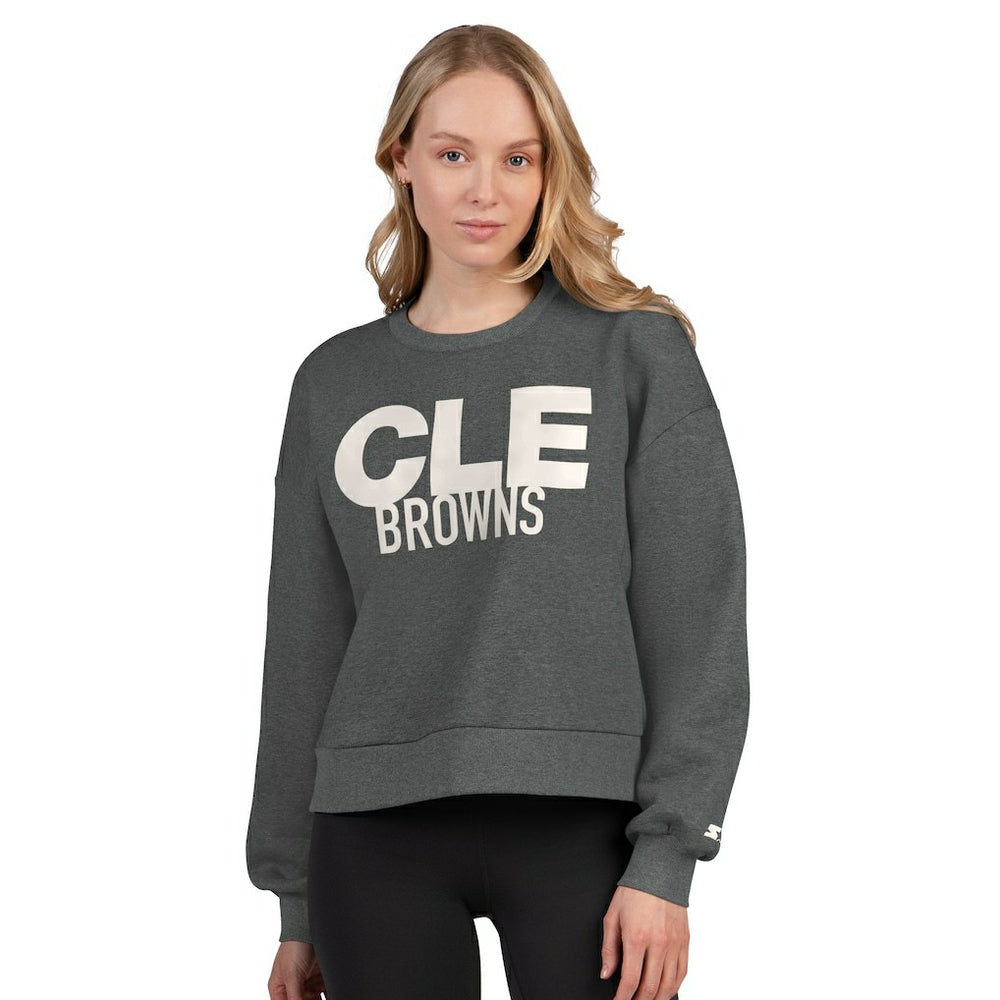 Cleveland Browns Starter Women's Show Up Cropped Fleece Pullover Sweatshirt - Heather Gray Pullover