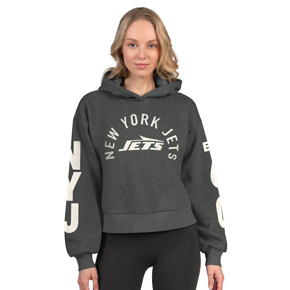 New York Jets Starter Women's Star Player Cropped Fleece Pullover Hoodie - Heather Charcoal Hoodies