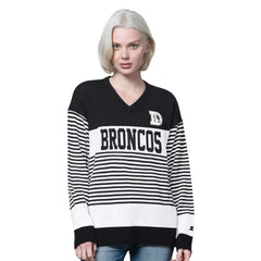 Denver Broncos Starter Women's No Huddle Striped V-Neck Sweater - Black